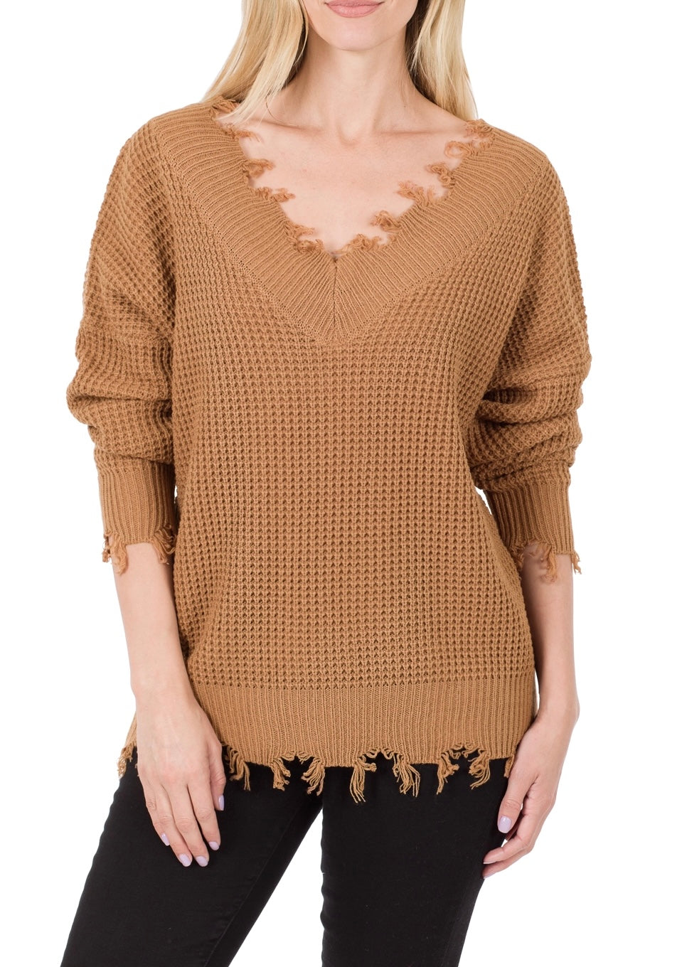 V Neck Frayed Hem Sweater
