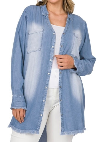 Chambray Frayed Hem Dress/Longline Shirt