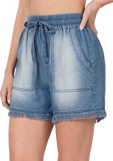 Chambray Frayed Hem Shorts