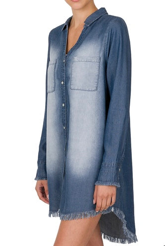 Chambray Frayed Hem Dress/Longline Shirt