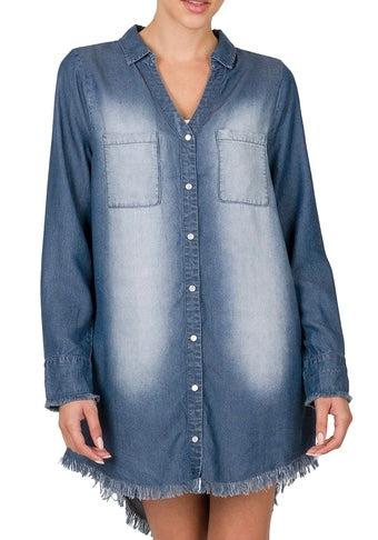 Chambray Frayed Hem Dress/Longline Shirt