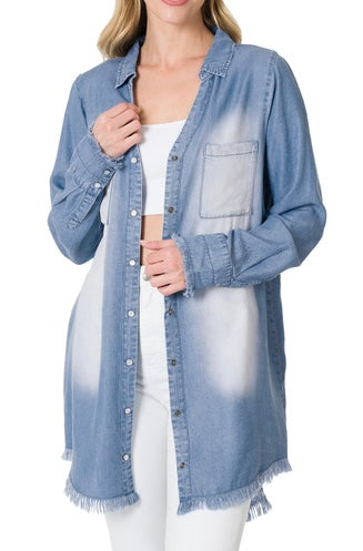 Chambray Frayed Hem Dress/Longline Shirt