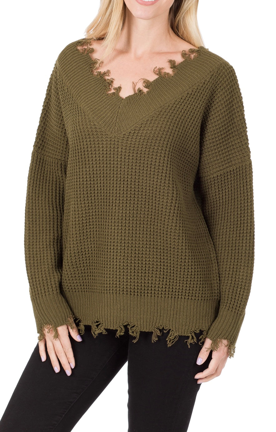 V Neck Frayed Hem Sweater