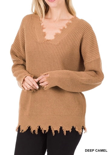 V Neck Frayed Hem Sweater