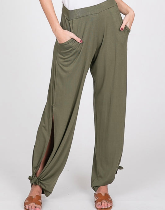 Slit Leg Tie Olive Pants