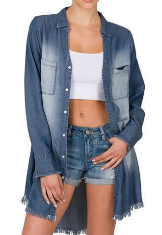 Chambray Frayed Hem Dress/Longline Shirt